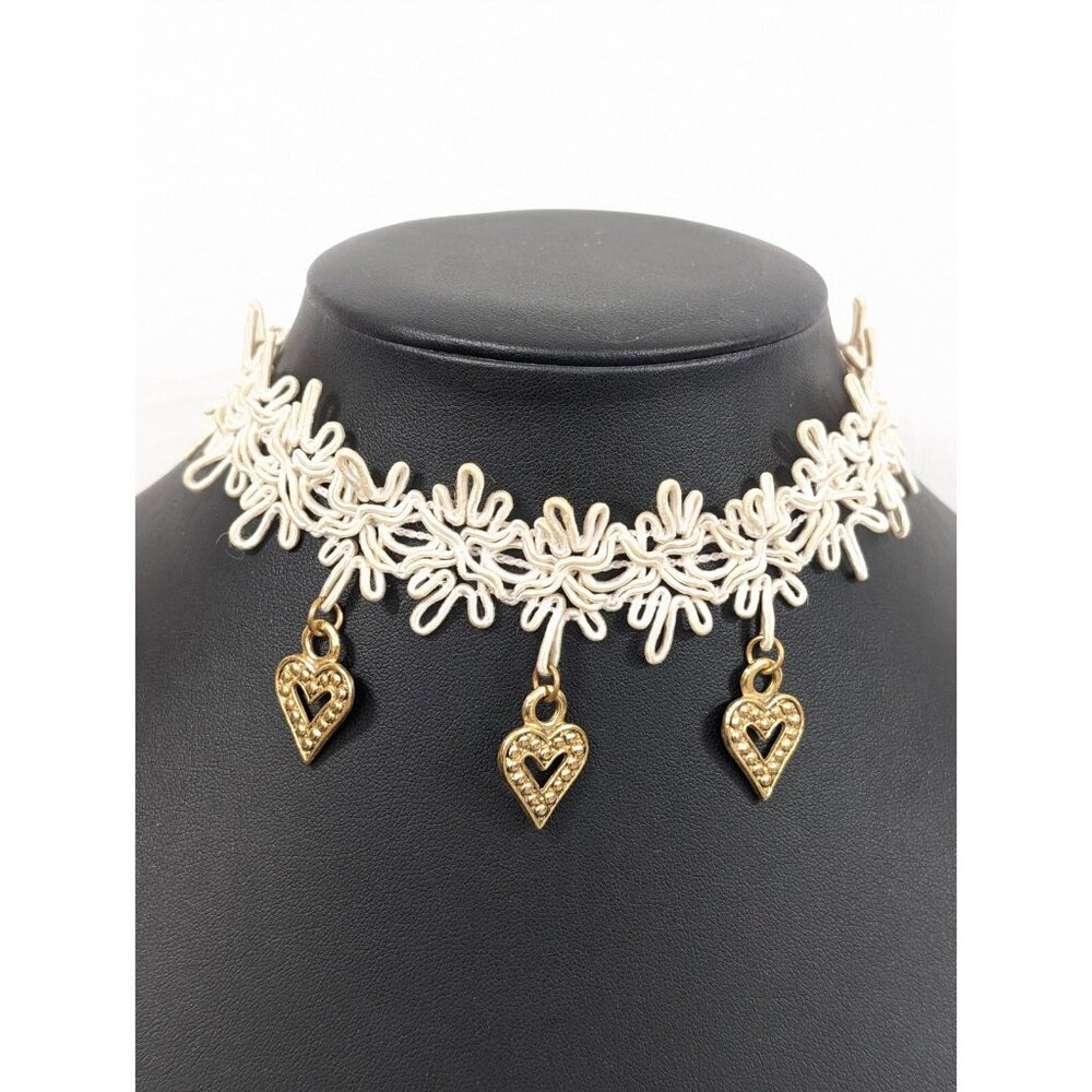 Cream Lace Triple Heart Charm Choker Necklace Embroidery Style Y2K 14‎ in